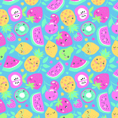 fruits seamless pattern vector illustration for kids. watermelon, pineapple, apple, pear, lemon, cherry, strawberry, summer time. Can be used for fashion print design, kids wear, decoration.