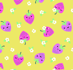 Cute berries and flowers seamless pattern vector illustration for kids. Strawberry and flower print pattern design with yellow background. background. Can be used for fashion print design, kids wear.