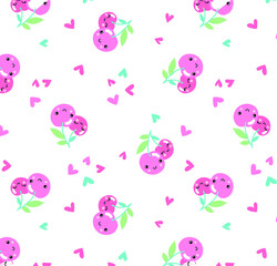 Cute cherries and hearts seamless pattern vector illustration for kids. Cherry and hearts print pattern design with ecru background. Can be used for fashion print design, kids wear, girls clothes.