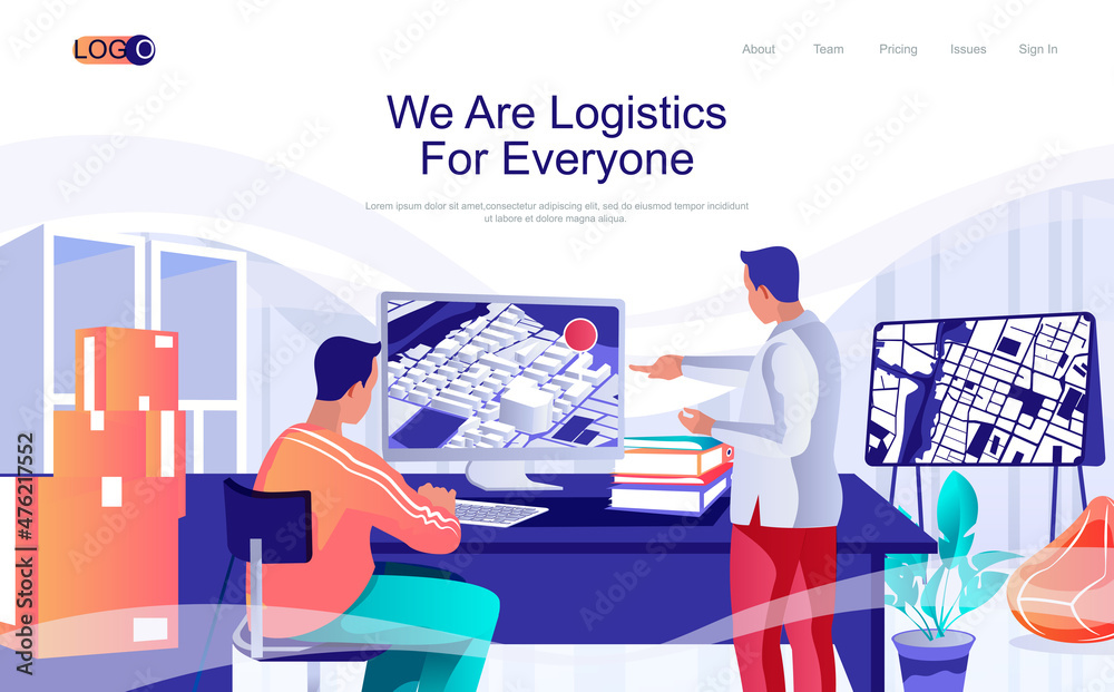 Poster logistics concept isometric landing page. people work in delivery service, tracking parcels at map, 