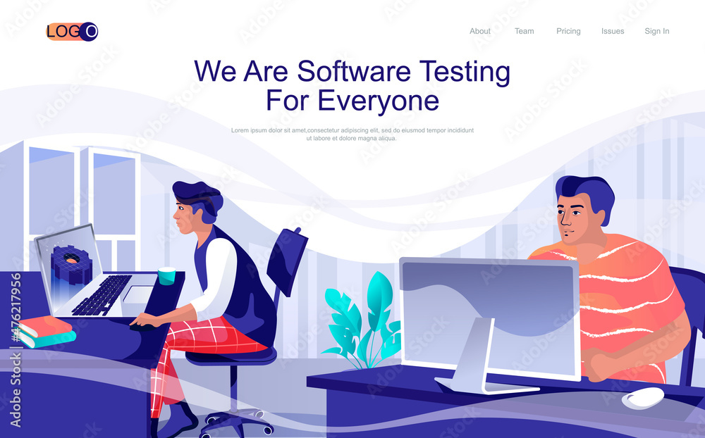 Aufkleber Software testing concept isometric landing page. People programming and coding, catching bugs in apps, optimization and settings, 3d web banner. Vector illustration in flat design for website template