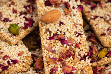 Winter Delicacy Makar Sankranti Or Lohri Mithai Gulab Gajak Also Known As Gur Gajjak, Gazak, Gachak Til Patti Or Papdi, Chikki Is Made Of Rose, Sesame Seeds, Jaggery Gud, Almonds Badam And Pistachio