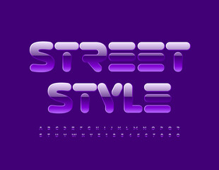 Vector trendy sign Street Style with Shiny Futuristic Font. Violet glossy Alphabet Letters and Numbers set