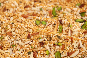 Winter Delicacy Makar Sankranti Or Lohri Mithai Pista Gajak Also Known As Gur Gajjak, Gazak, Gachak Til Patti Or Papdi, Tilkut Is Made Of Tilgul, Sesame Seeds, Jaggery Gud Almonds Badam And Pistachio