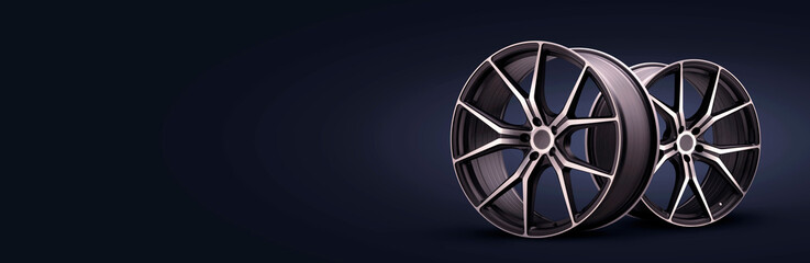 Obraz premium forged new alloy wheels on a blue black background. cool sports wheels wheels with thin spokes auto tuning light weight, tire shop or motorsport design panoramic photo copy space