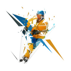 Hockey player, low polygonal isolated vector illustration, front view. Winter team sport athlete from triangles