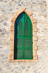 Obraz premium Detail of window of Anglican Church of Bella Vista used by the staff of the Rio Tinto Company Limited, in Minas de Riotinto, Huelva, Andalusia, Spain