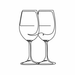 Continuous one simple single line drawing of two wine glasses icon in silhouette on a white background. Linear stylized.
