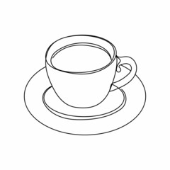 Continuous one simple single line drawing of cup with coffee on saucer icon in silhouette on a white background. Linear stylized.