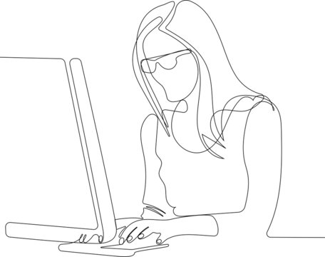 recommend clip art: One single line drawing of attractive female woman sitting in office or home workplace Vector illustration