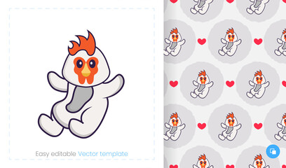 Seamless pattern with cartoon chicken on white background. Can be used on packaging paper, cloth and others.