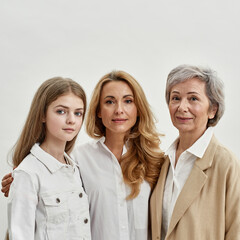 Three female generations hug and look at camera