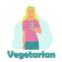 A young woman drinks a smoothie, fresh juice, a cocktail. The concept of proper nutrition, healthy lifestyle. Flat cartoon illustration.