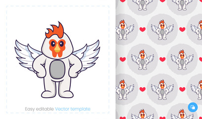 Seamless pattern with cartoon chicken on white background. Can be used on packaging paper, cloth and others.