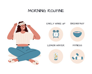 Cute caucasian woman with sleeping mask and elements for morning routine:lemon water,weights, muesli, alarm clock.Girl thinking about her day.Woman in cute pajama.Good morning.
