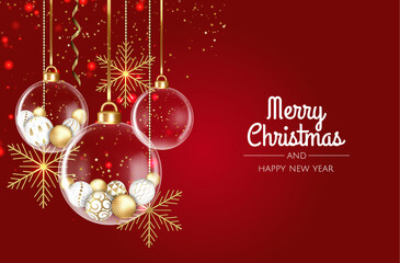 Christmas balls. Happy New Year and Merry Christmas. Background with realistic 3d Xmas balls. Vector illustration