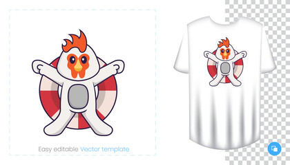 Cute chicken character. Prints on T-shirts, sweatshirts, cases for mobile phones, souvenirs. Isolated vector illustration on white background.