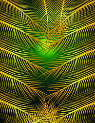Background pattern vector of golden hanging, planted palms fronds and mountains on green and yellow color