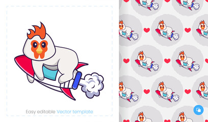 Seamless pattern with cartoon chicken on white background. Can be used on packaging paper, cloth and others.