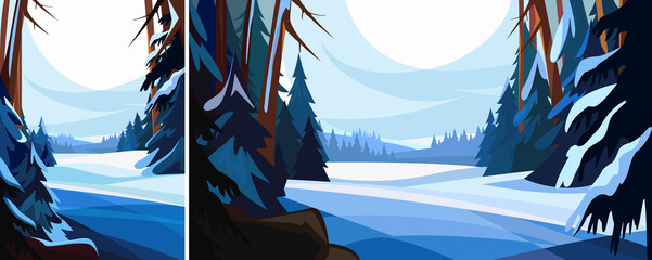 Winter spruce forest. Nature landscape in different formats.