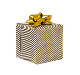 Wrapped in festive paper gift box with golden paper ribbon bow isolated
