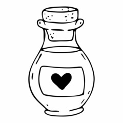 A love potion. Vector doodle illustration of a bottle with a love drink. Valentine's Day Icon.