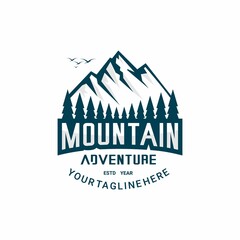 mountains and pine forest logo illustration vector	