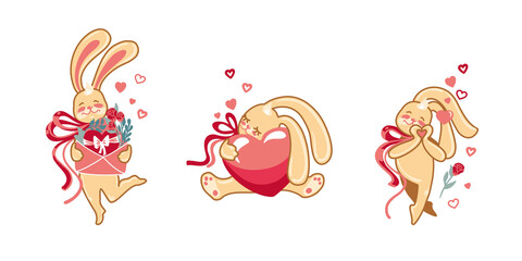  San Valentine's Day.  Rabbit and hearts. Wedding. Celebration. Invitation. Vector.