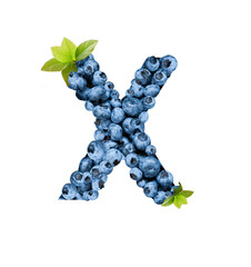 Letter X, made with fresh blueberries isolated on white. Bluberries font of full alphabet set of upper case letters.