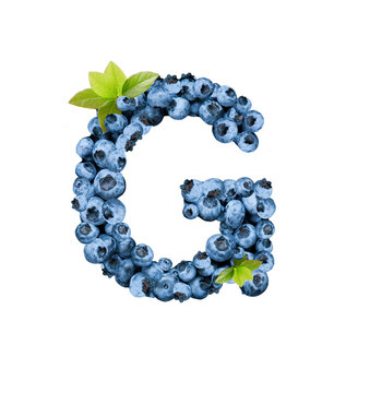 Letter G, made with fresh blueberries isolated on white. Bluberries font of full alphabet set of upper case letters.
