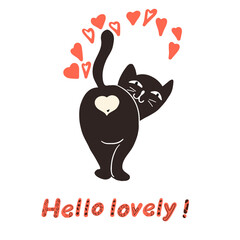 Cat with a heart-shaped bottom, lettering hello lovely