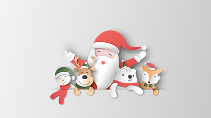 Santa Claus with snowman, reindeer, fox and polar bear are happy in Christmas. Merry Christmas. paper cut and craft design. vector, illustration.