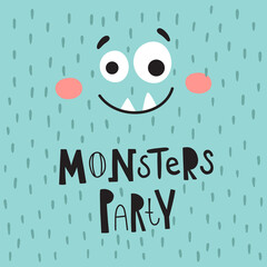 vector image of cute monster and lettering text