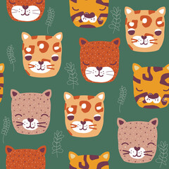 Seamless pattern with funny wild cats. Kids cartoon print. Vector hand drawn illustration. © bilaaa