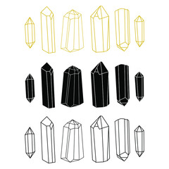 Crystal outline and negative style vector illustration minimalist icon set. Linear sign of treasure gem. Mineral, diamond, quartz simple icons isolated on white background.