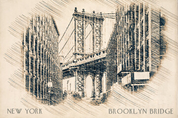 Brooklyn bridge, New York city, Manhattan with buildings,road, bridge, cityscape in outline style perspective view. Postcards design. Drawing