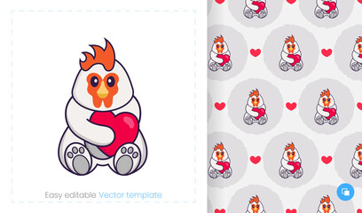 Seamless pattern with cartoon chicken on white background. Can be used on packaging paper, cloth and others.
