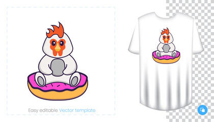Cute chicken character. Prints on T-shirts, sweatshirts, cases for mobile phones, souvenirs. Isolated vector illustration on white background.