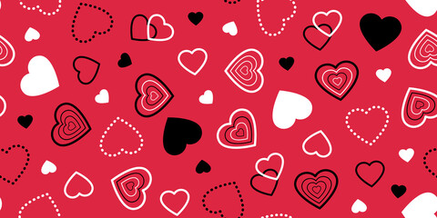 Vector seamless pattern with hearts on red background. Saint Valentine day symbols.