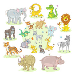 Fototapeta premium Guess where whose baby is. A group of funny african animals with their cubs. In cartoon style. Isolated on white background. Vector illustration