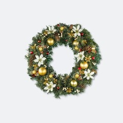 Fototapeta na wymiar Winter wreath of pine needles decoration red and golden Christmas toys