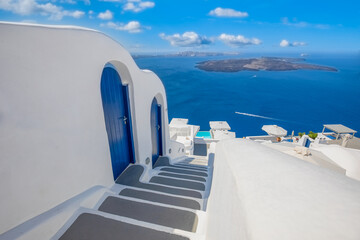 Amazing sunny day view of Fira, caldera, volcano of Santorini, Greece. Fantastic travel landscape,...