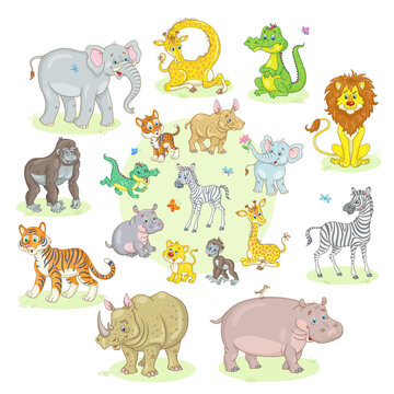 Guess where whose baby is. A group of funny african animals with their cubs. In cartoon style. Isolated on white background. Vector illustration