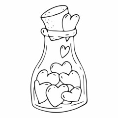 A love potion. Vector doodle illustration of a flask with hearts. Valentine's Day Icon.