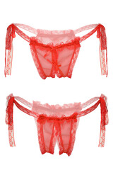 Detail shot of red lace erotic panties with silk bows, lace ties and a cutout in the intimate area. The sexy crotchless lingerie is isolated on the white background. Front and back views. 