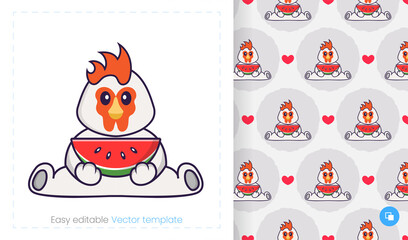 Seamless pattern with cartoon chicken on white background. Can be used on packaging paper, cloth and others.