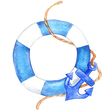 recommend clip art: Blue rubber ring and anchor isolated watercolor illustration for nautical concept.