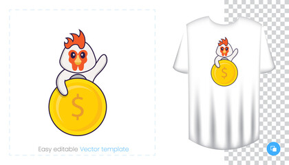 Cute chicken character. Prints on T-shirts, sweatshirts, cases for mobile phones, souvenirs. Isolated vector illustration on white background.