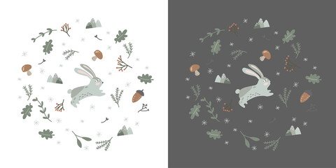 Print hare in circle shape. Nordic style forest for kids. Cute art with funny rabbit. White and black background. Winter art for children's room . Woodland creatures.