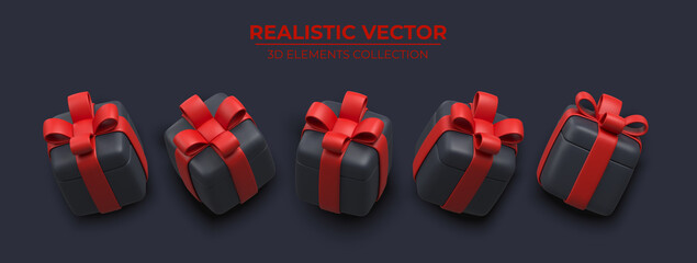 Naklejka premium Set of Realistic 3d gift box with golden ribbons isolated on a dark background 3d render flying modern holiday surprise box. Festive decorative 3d render object Realistic vector decor